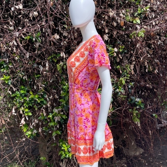 Zessica Floral Print Total Wrap Mini Dress Size Medium In Orange & Pink - Picture 7 of 10